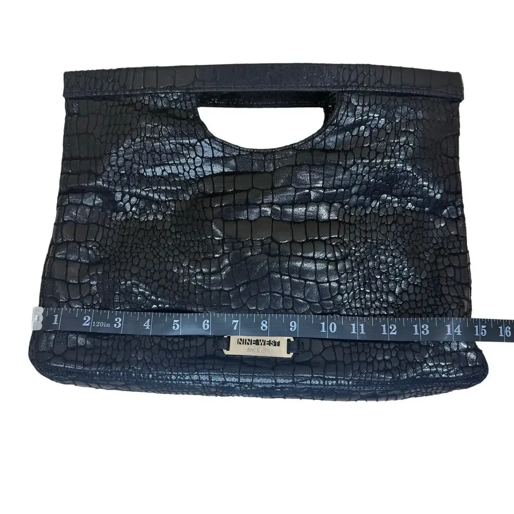 Nine West Clutch Women’s Black Faux Crocodile Cutout Handle Evening Purse